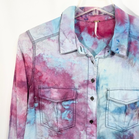 Free People Medium Top Handmade Tie Dye Button Down Long Sleeve Purple Blue 1195 - Picture 4 of 11